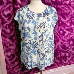 C&C California Linen Top S Floral Blue White Button Detail Cap‎ Sleeve Bohemian.